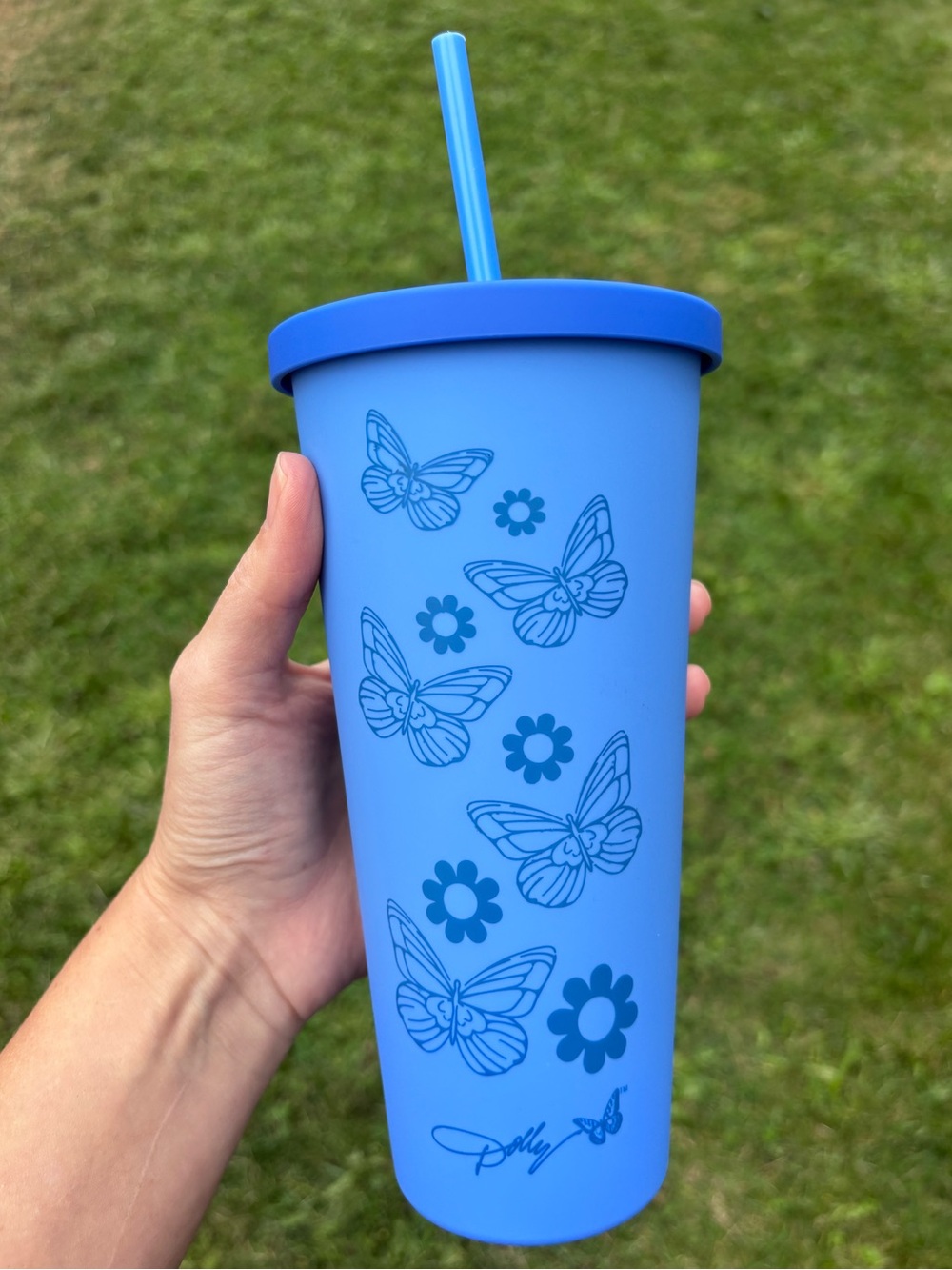 New Dolly Parton Tumbler Cup 20oz Blue Butterfly Design